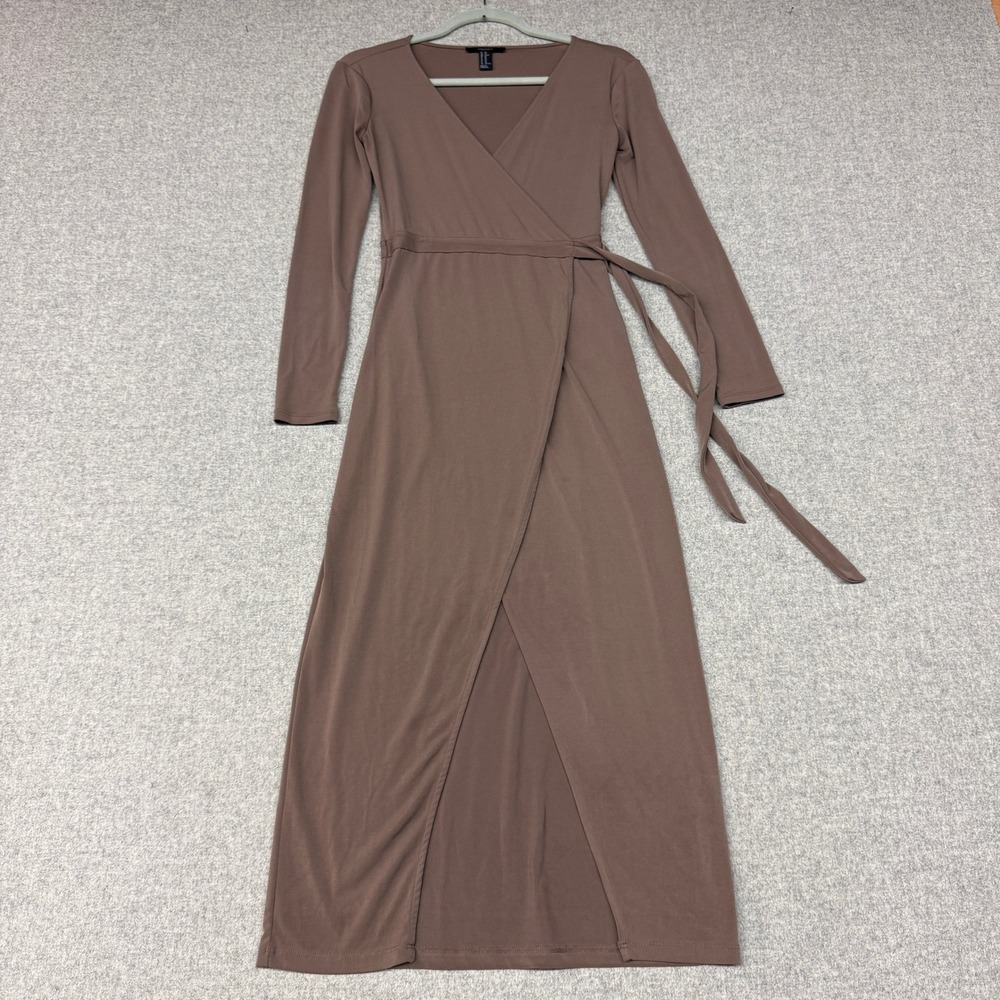 Forever 21 Wrap Maxi Dress XS Brown Long Sleeve V-Neck Side Tie Front Slit Jerse